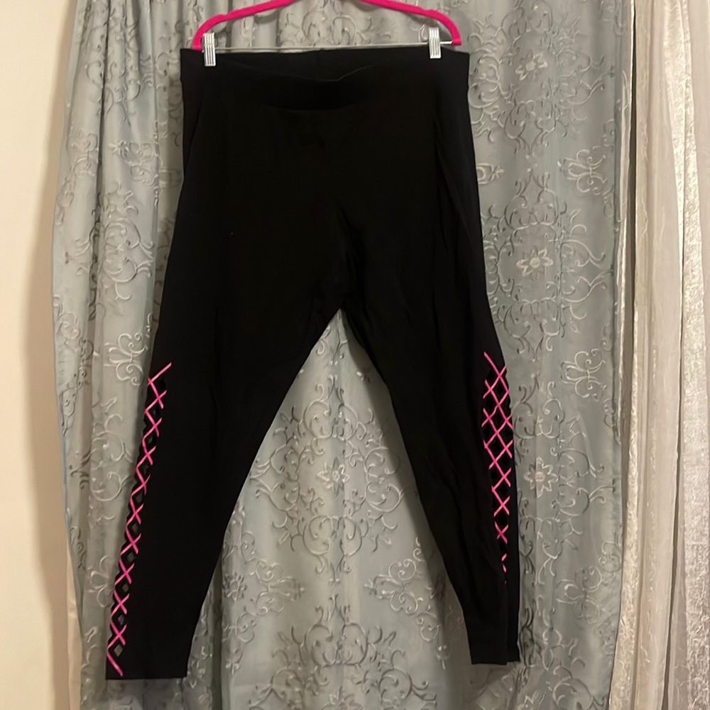 Black neon pink laser cut lattice side leggings